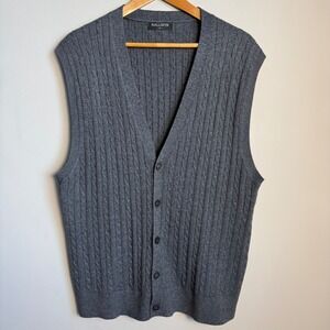 Kallspin Mens Cashmere Wool Blend Dark Gray Cable Knit V-Neck Sweater Vest XL